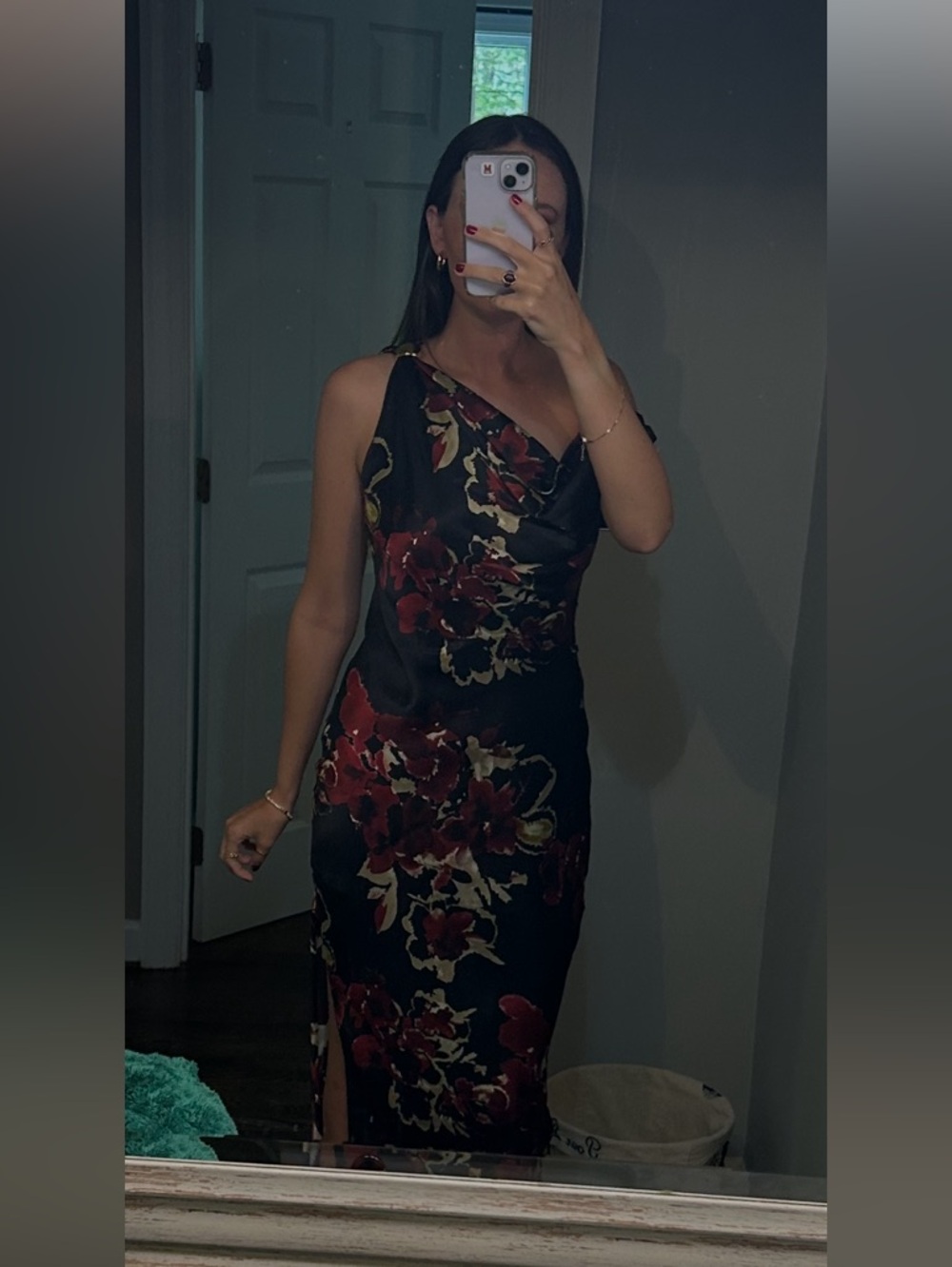 Nicholas Satin Elegant One-Shoulder Floral Midi Dress w/ Gold hardware